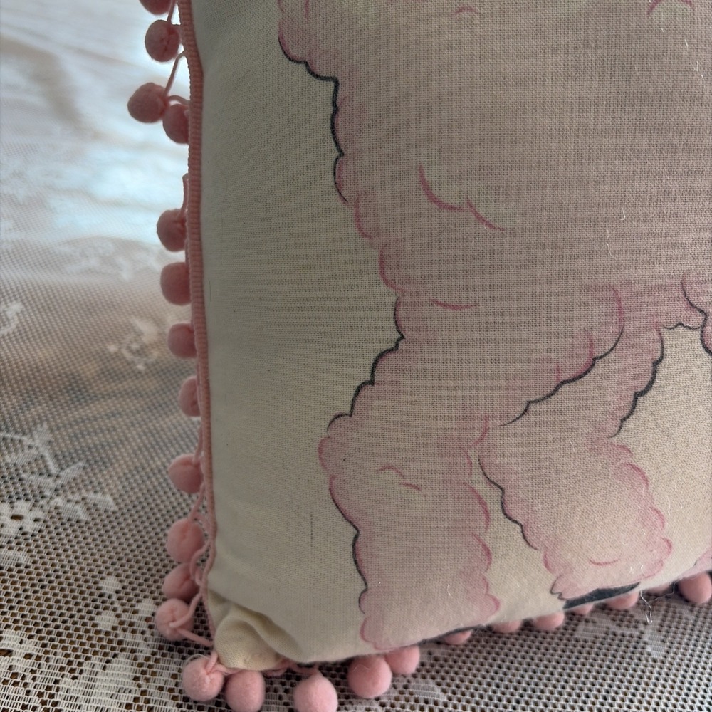 Vintage Inspired Kitschy Lamb Throw Pillow Pink Pom Pom Fringe Square Polka Dots - Picture 10 of 16